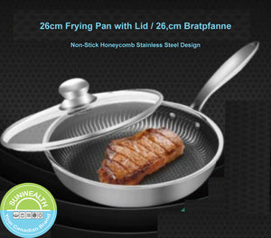 18/8  Raised Honeycomb Stainless Steel Fry Pan with Tempered Glass Lid-26cm