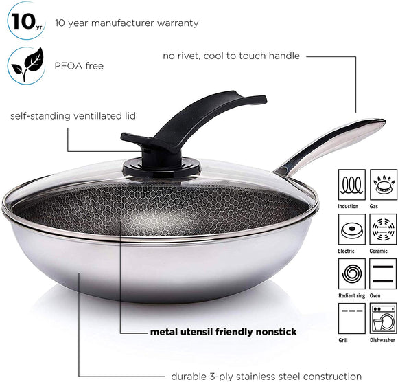 18/8 Honeycomb Raised non-stick Stainless Steel Hybrid Wok with Lid